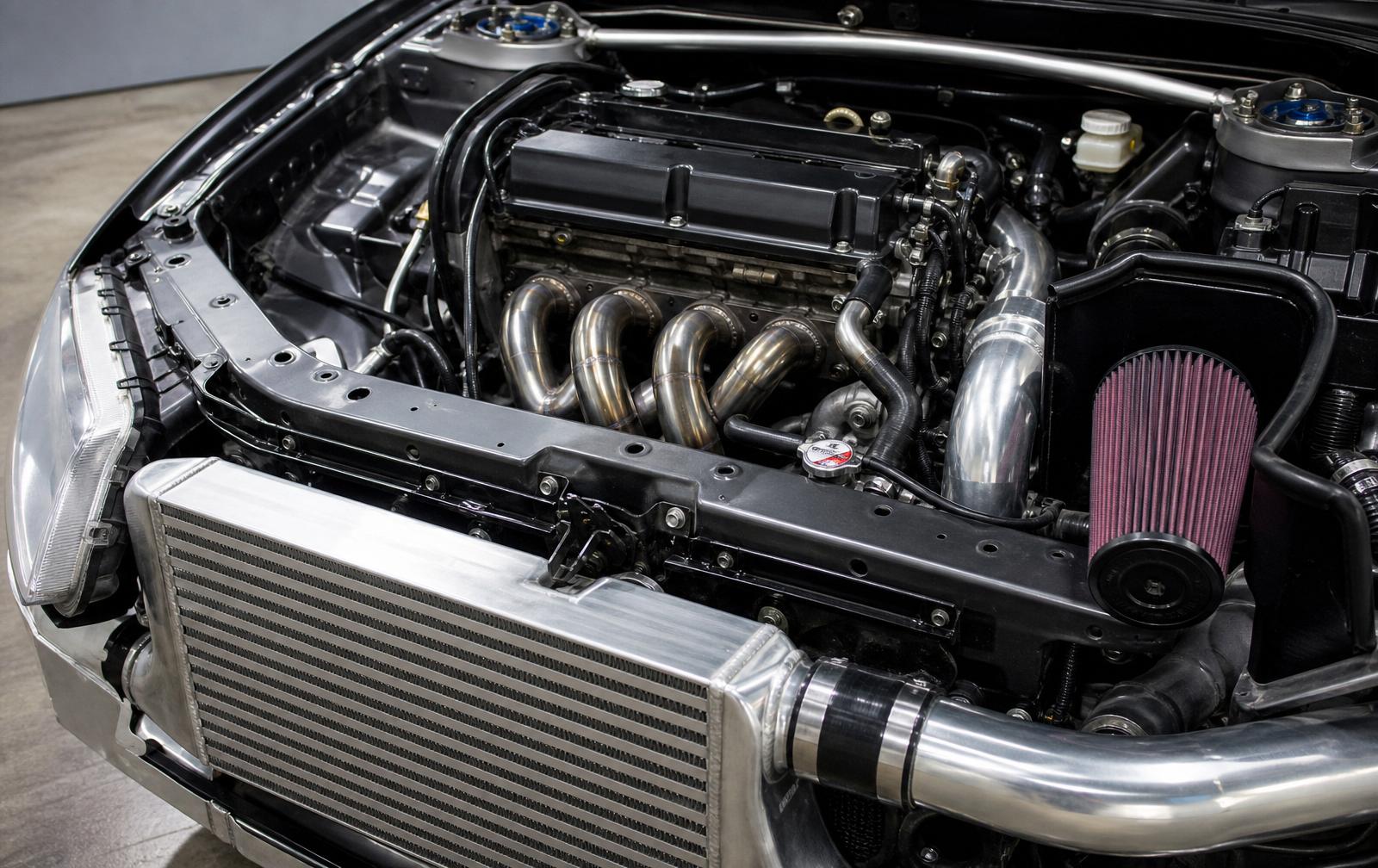 Modified performance engine bay with front-mount intercooler, upgraded intake and exhaust — Stage 2 ECU remap by Future Remapping